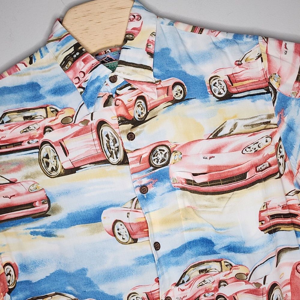 Reyn Spooner Corvette Shirt Mens Medium Blue Cars Chevy Hawaiian Camp Button Up